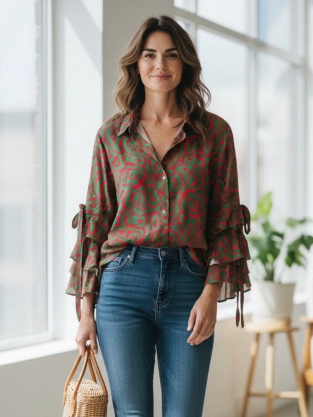 Bold Green and Pink Blouse with Ruffled Bell Sleeves.